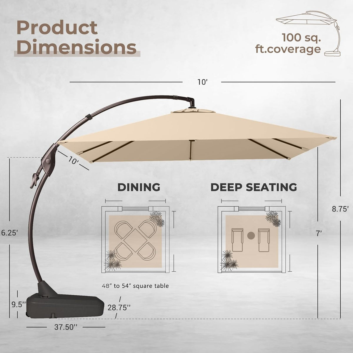 Grand patio 10x10 FT Patio Cantilever Umbrella with Base Outdoor Large Square Tilting Offset Umbrellas for Deck Yard (Champagne, 10x10 FT)