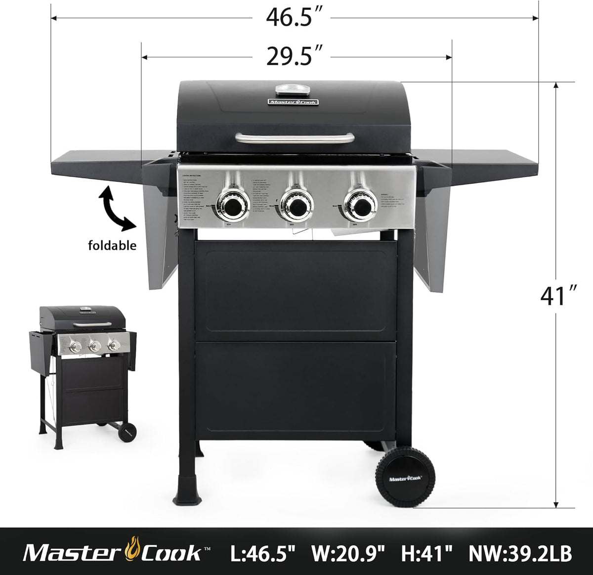 MASTER COOK 3 Burner BBQ Propane Gas Grill, Stainless Steel 30,000 BTU Patio Garden Barbecue Grill with Two Foldable Shelves