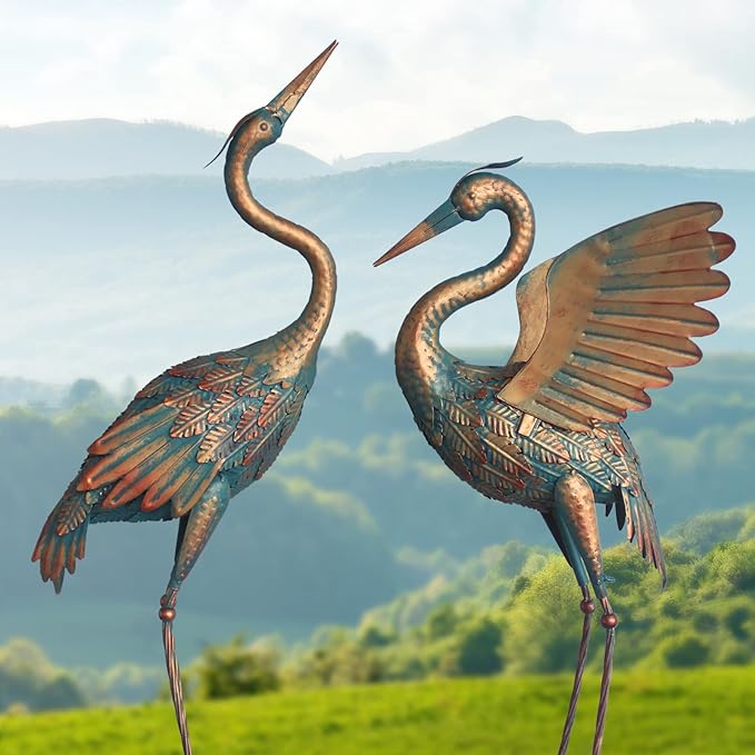 33-37 Inch Metal Crane Garden Statue Décor, Bird Heron Garden Sculpture & Statues, Outdoor Decoration for Yard Pond Lawn Backyard Pool, Vintage Spread Wings Crane, Set of 2 Copper…
