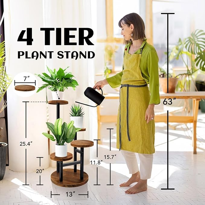 AUGOSTA 4 Tier Corner Plant Stand, Tall Metal Wood Plant Shelf Holder for Indoor, Outdoor Display Rack Flower Pot Stand for Living Room Balcony Garden Patio