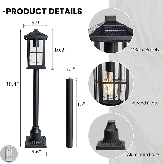 31" Solar Pathway Lights Outdoor, Dusk to Dawn Aluminum Lamp Post with Remote Control & Pole Mount Base - IP44 Waterproof, 3 Brightness Modes for Lawn, Patio, Driveway, Garden Decoration