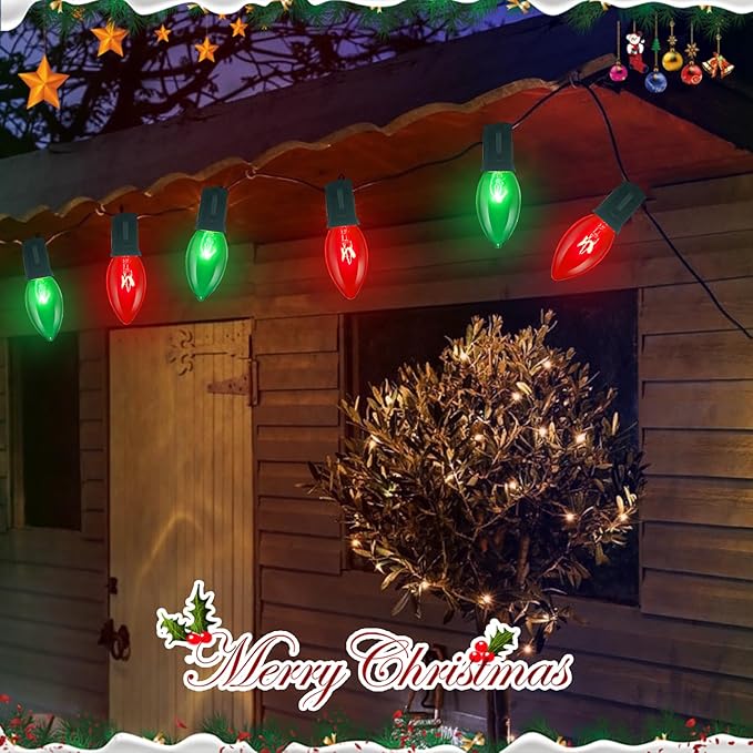 25FT Red and Green Christmas Lights,C9 Incandescent Christmas Lights with 26 Bulbs(1 Spare),Hanging Outdoor Christmas Lights for Home Garden Yard Xmas Tree House Decorations
