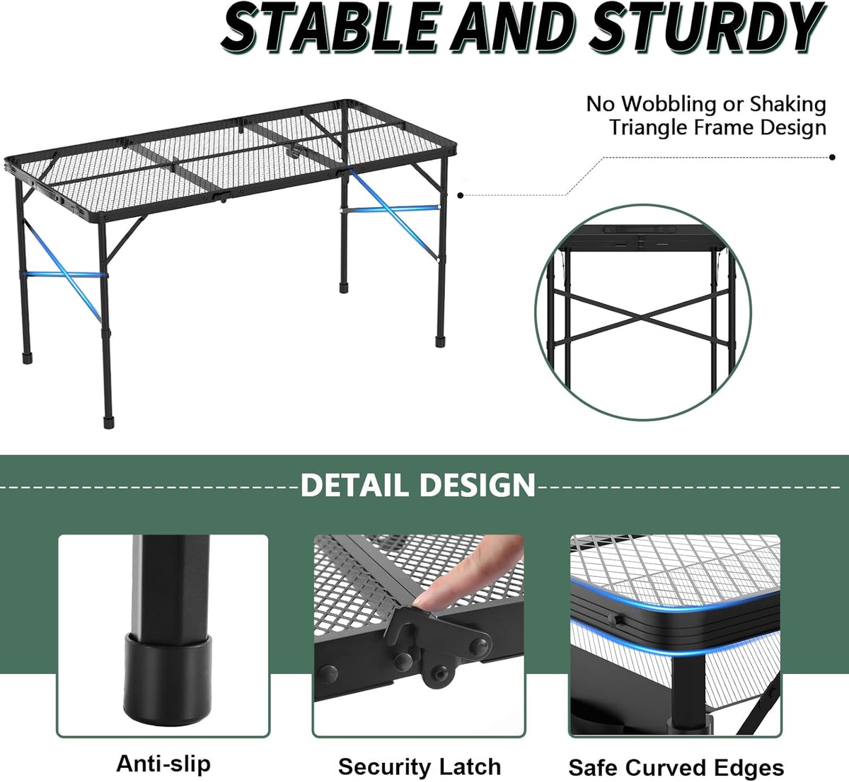 Folding Gril Table, 4x2 FT Camping Table with Mesh Desktop,Height Adjustable Folding Grill Table with Mesh Bag,Portable Outdoor for Picnic,Camping,BBQ,Beach(Black)