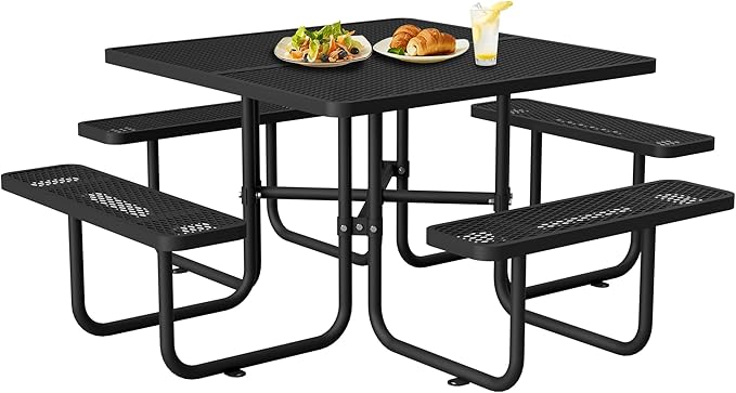 79'' Steel Square Picnic Table for Outdoors, Expanded, Lifetime Picnic Table with Umbrella Hole, Heavy Duty Sturdy Commercial Picnic Tables for Garden Courtyard BBQ, Black