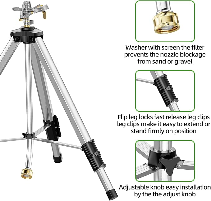 Brass Impact Sprinkler on Tripod Base, 50” Heavy Duty Metal Pulsating Telescoping Sprinkler, 360 Degree Irrigation for Large Area, Yard, Lawn, Waters up to 90ft, Covering up to 6360sqft