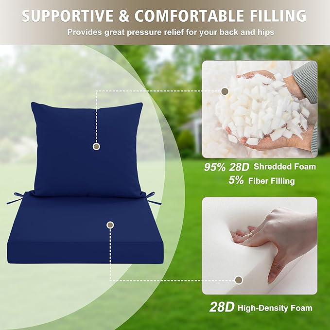 24x24 Inch Outdoor Cushions for Patio Furniture Set of 2, Waterproof Outdoor Chair Cushions w/Fade-Resistant, Removable & Machine-Washable Covers, Deep Seat Sofa/Couch Pads Replacement, Navy Blue