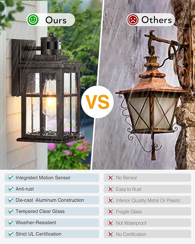 Motion Sensor Exterior Light Fixture, Bronze Dusk to Dawn Outdoor Wall Lights, Waterproof Exterior Lights for House, Porch, Doorway, Garage, 100% Aluminum
