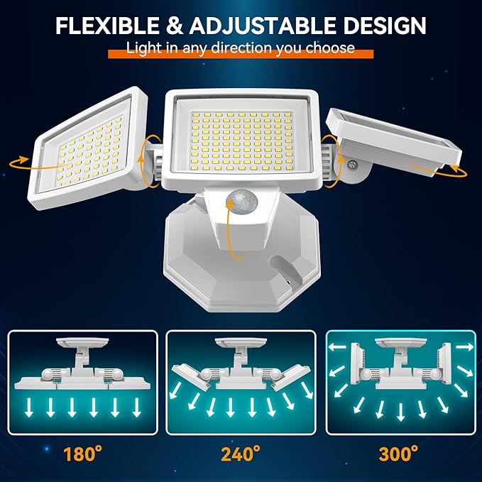 65W LED Flood Light Outdoor, 6500LM, Waterproof, 6500K Motion Sensor Flood Lights Outdoor with Adjustable 3 Head Detected Floodlight for Outside Entryway Garage, Yard, Porch, White, 2 Pack