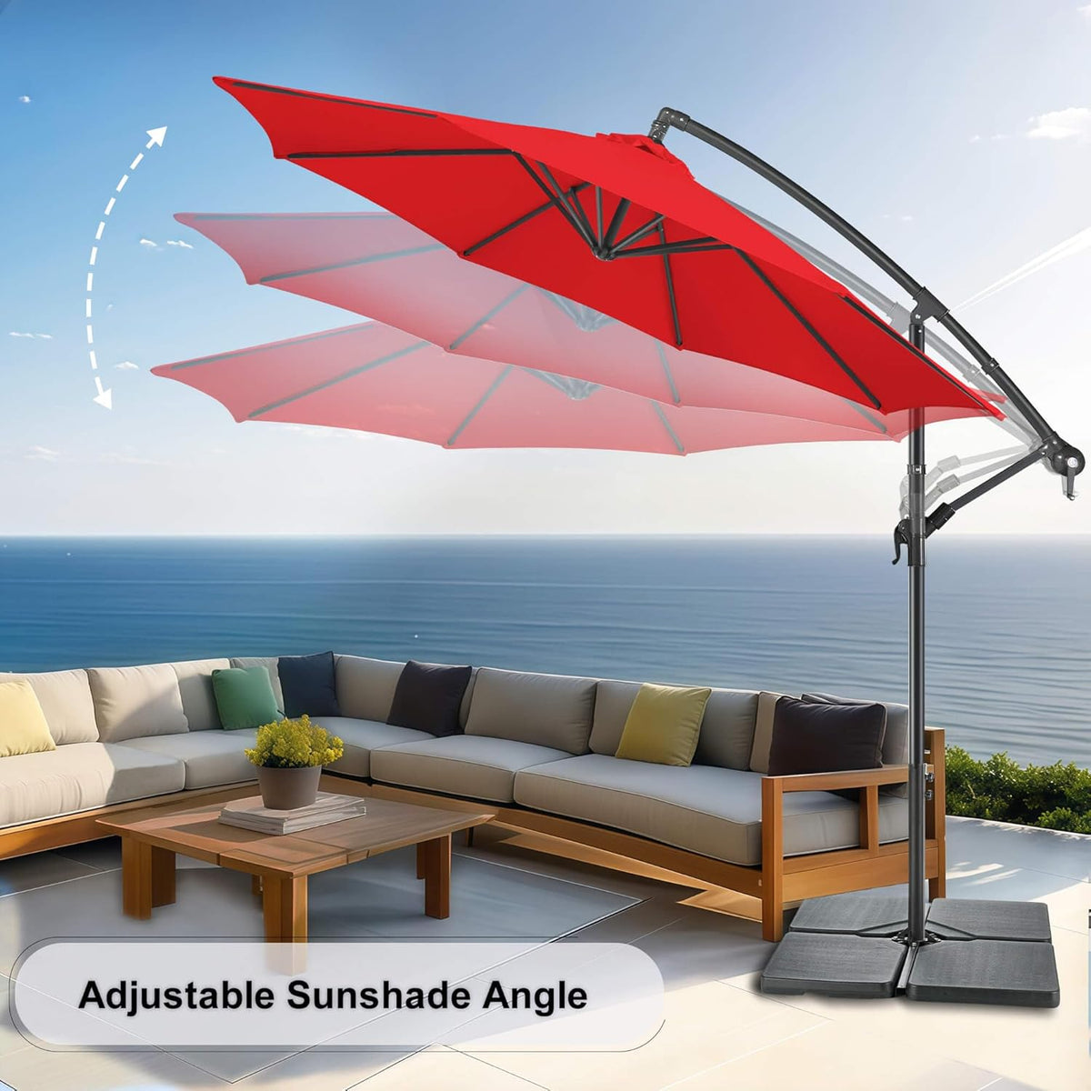 FLAME&SHADE 10ft Cantilever Patio Umbrella Outdoor, Large Offset Umbrella with Crank and Cross Base, UPF 50+ UV Protection Hanging Umbrella for Pool Deck Garden, Red