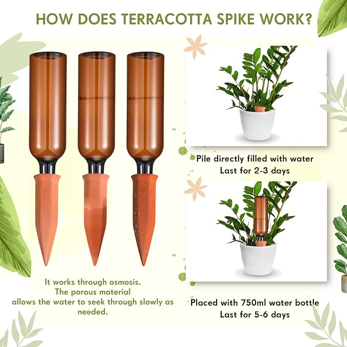 Baderke 8 Pcs 4 Set Plant Watering Devices, Terracotta Watering Spikes with 25 oz Plastic Wine Bottles, Slow Release Vacation Insert Automatic Plant Waterer Device for Indoor Outdoor