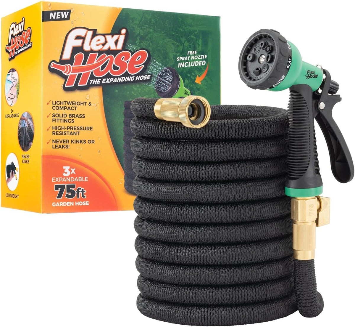 Flexi Hose with 8 Function Nozzle, 75FT - Lightweight Expandable Garden Hose, No-Kink Flexibility, 3/4 Inch Solid Brass Fittings and Double Latex Core