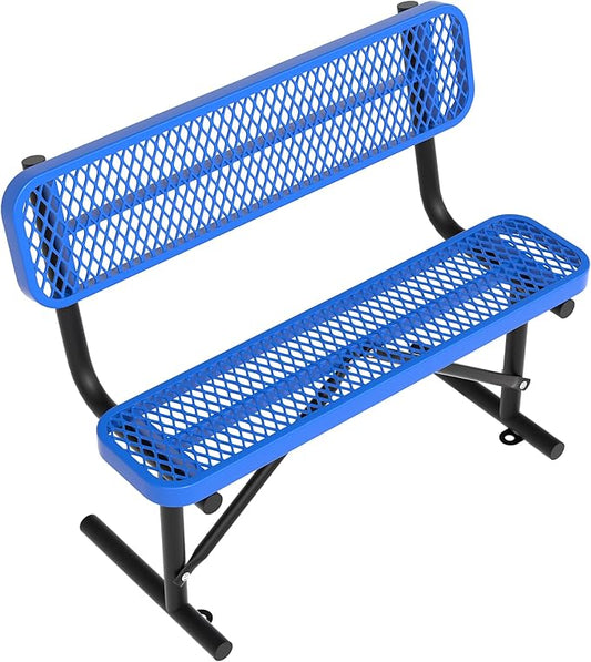 Heavy Duty Park Bench with Back Portable Frame, Outdoor Steel Bench with Backrest, Outdoor Park Bench Expanded Metal Mesh Bench for Lawn, Park, Deck, Garden, Patio, Porch, Black (Blue, 4FT)