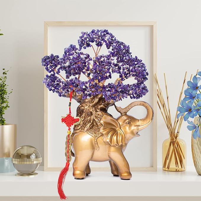 Amethyst Crystal Money Tree on Gold Elephant Statue, 17”Large Gemstone Bonsai Tree of Life Home Décor Gifts for Wealth Positive Energy, Feng Shui Décor