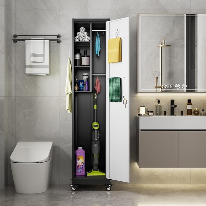 72''H Metal Broom Closet Storage Cabinet with Wheels & Pegboards, Mops Broom Closet Organizer with Locking Door & Hanging Rod,Cleaning Tool Garage Cabinet,Assembly Required,Black White