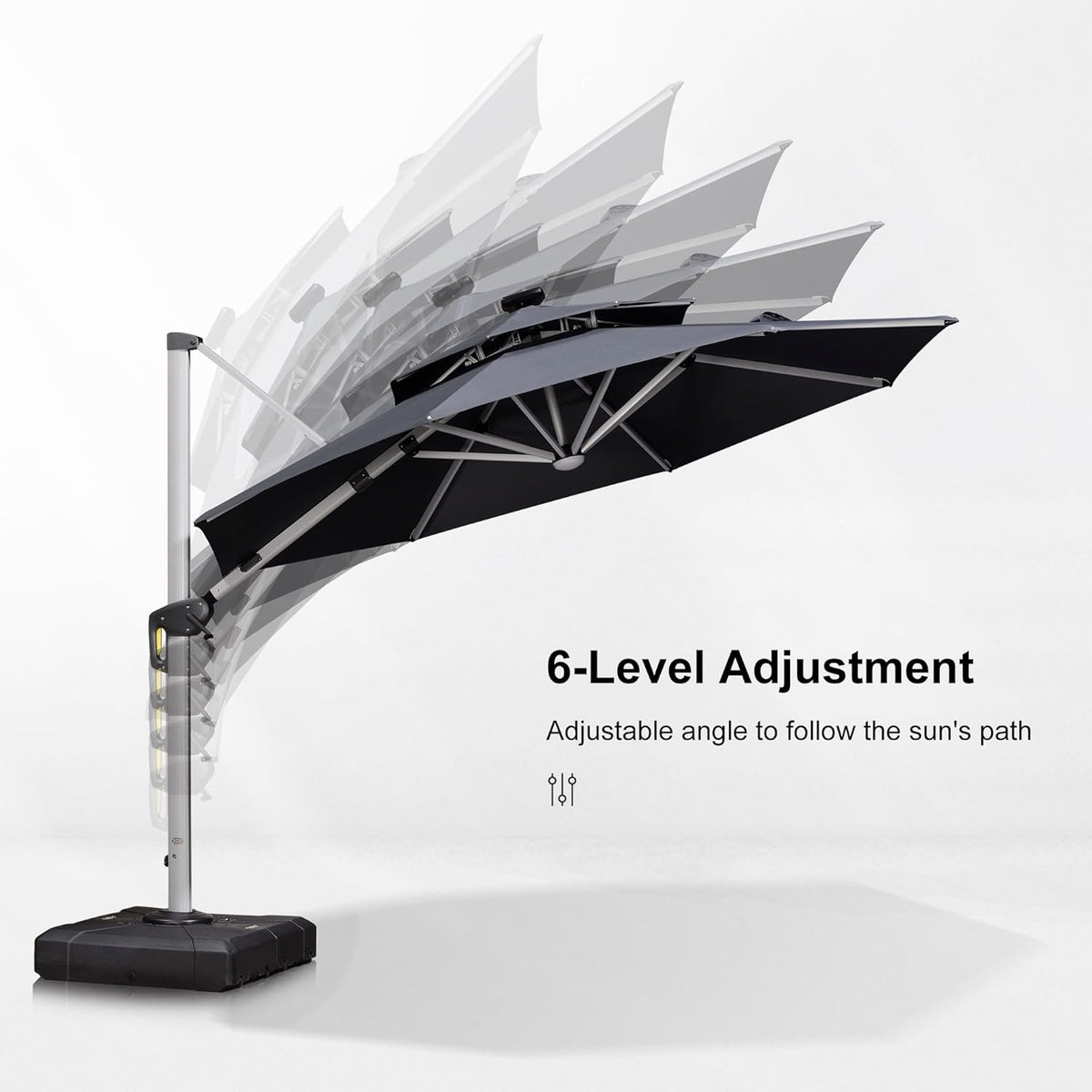PURPLE LEAF 10ft Patio Umbrella With Base Solar powered LED Cantilever Umbrella with LED lights Windproof Outdoor Offset Umbrella for Garden Deck Pool Patio, Grey