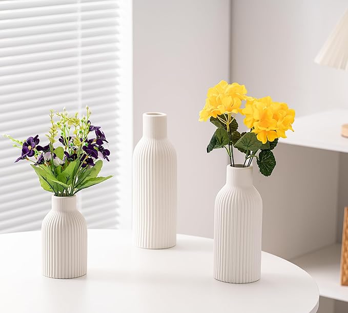Ceramic Vase Set of 3, Flower Vases for Spring Room Decor, Kitchen Farmhouse, Modern Boho Style(White)