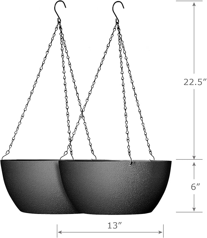 13 inch Large Hanging Planters Plant Pots for Outdoor Indoor Plants with Drainage Holes and Chain, 2 Pack Round Hanging Flower Pots for Garden Home Porch Decor, Black