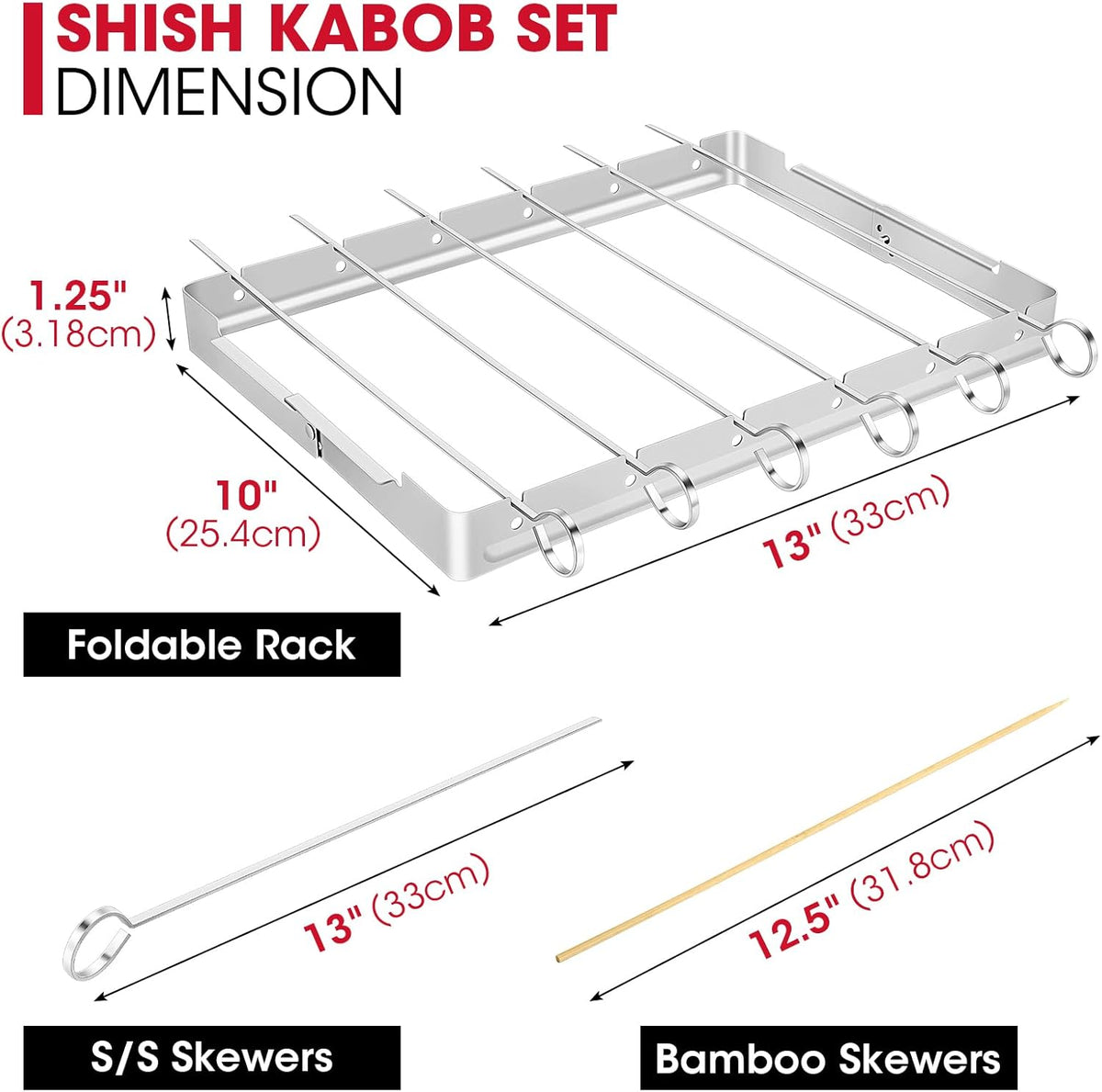 Unicook Stainless Steel BBQ Shish Kabob Set, Foldable Shish Kabob Holder with 6pcs 13"L Skewers, Reusable Grill Rack, Comes with 30pcs 12.5"L Bamboo Skewers for Party and Cookout