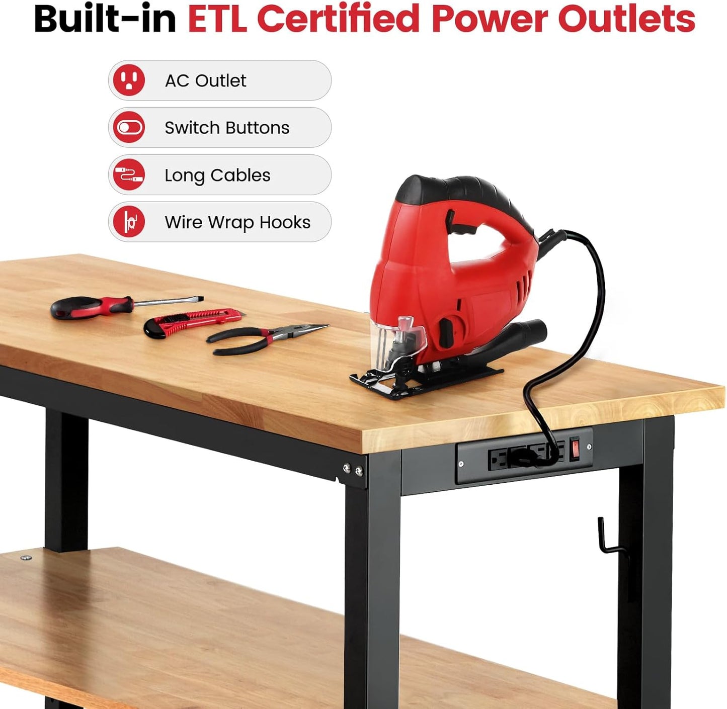 Adjustable Height Work Bench 60x 22 Workbench for Garage Work Table with Under Table Shelf for Shop Woodworking, Heavy Duty Rubber Wood Top for Office, Home, Commercial