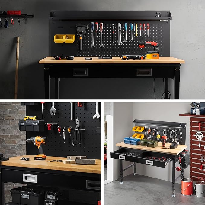60" Workbench with Drawers, Work Benches for Garage with Strip Light, Adjustable Work Table with Large Pegboard, 2000 LBS Heavy Duty Table with Power Outlet Rubber Wood for Garage, Office