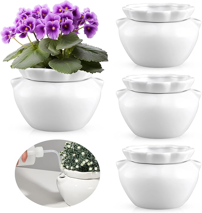 4 Set 6 Inches African Violet Pots Self Watering White Ceramic Pot for Indoor Plants, Flowerpot with Highly Absorbent Inner Pot for Busy Plant Lovers,Plant Care