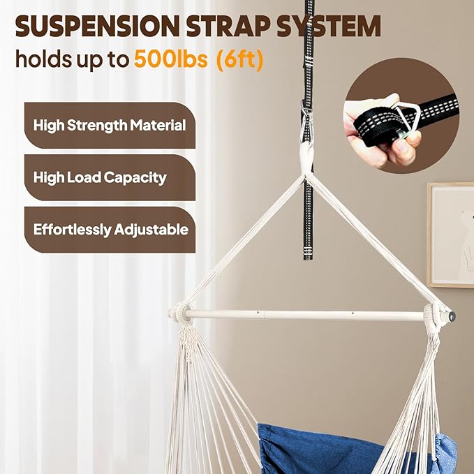 Chihee Hammock Chair Hanging Chair with Foot Rest 2 Cushions Max 500lbs Robust Metal Spreader Bar Collapsible Easy Storage Soft Cotton Swing Chair Strong Strap Iron Carabiner Side Pocket Included