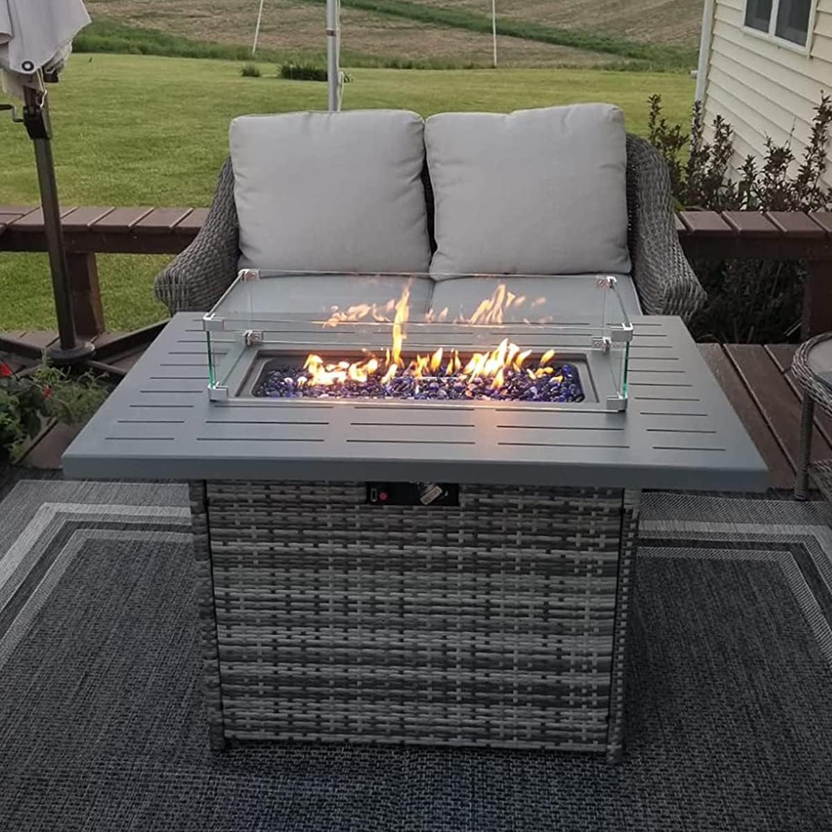 LayinSun 44" Propane Gas Fire Pit Table, 55000 BTU Rectangular Fire Pit with Glass Wind Guard for Outside Patio Deck Garden Backyard Gray-Aluminum Top