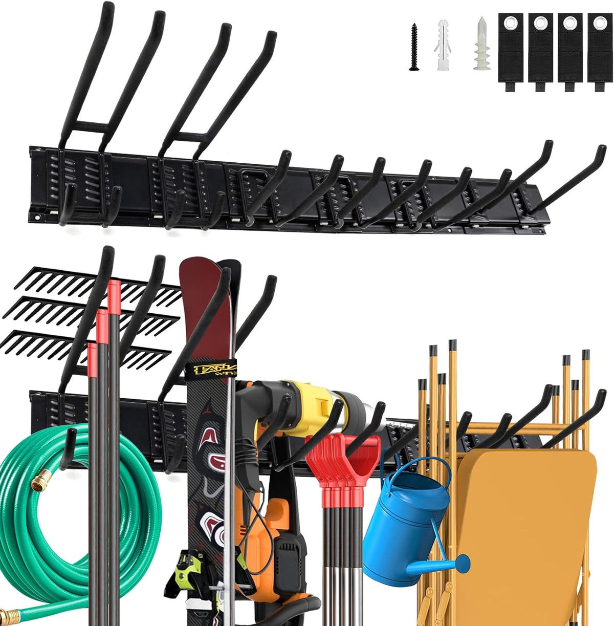 Wall Mount Garden Tool Organizer - 48 Inch Max Load 539lbs, Garage Storage with 7 Heavy Duty Hooks and 4 Cable Ties, Power Tool Organizer Rack