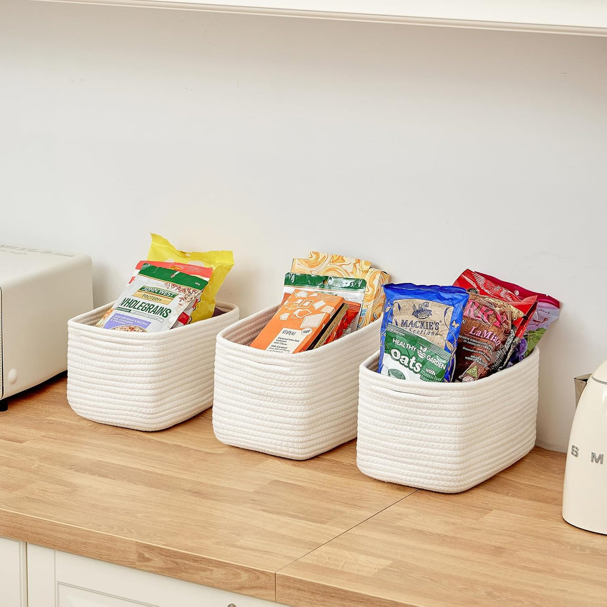 Small Cotton Rope Basket – Storage Bin for Organizing (10.6" x 6.7" x 6.7"), Bathroom Storage Basket for Shelf, Counter & Closet（White）
