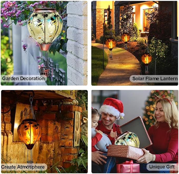 2PC Hot Air Balloon Solar Lantern with 2PC Shepherd Hook, Flickering Flame Hanging Solar Lanterns Outdoor Lights Waterproof Lanterns Decorative Garden Patio Yard Party Decor (Bees)