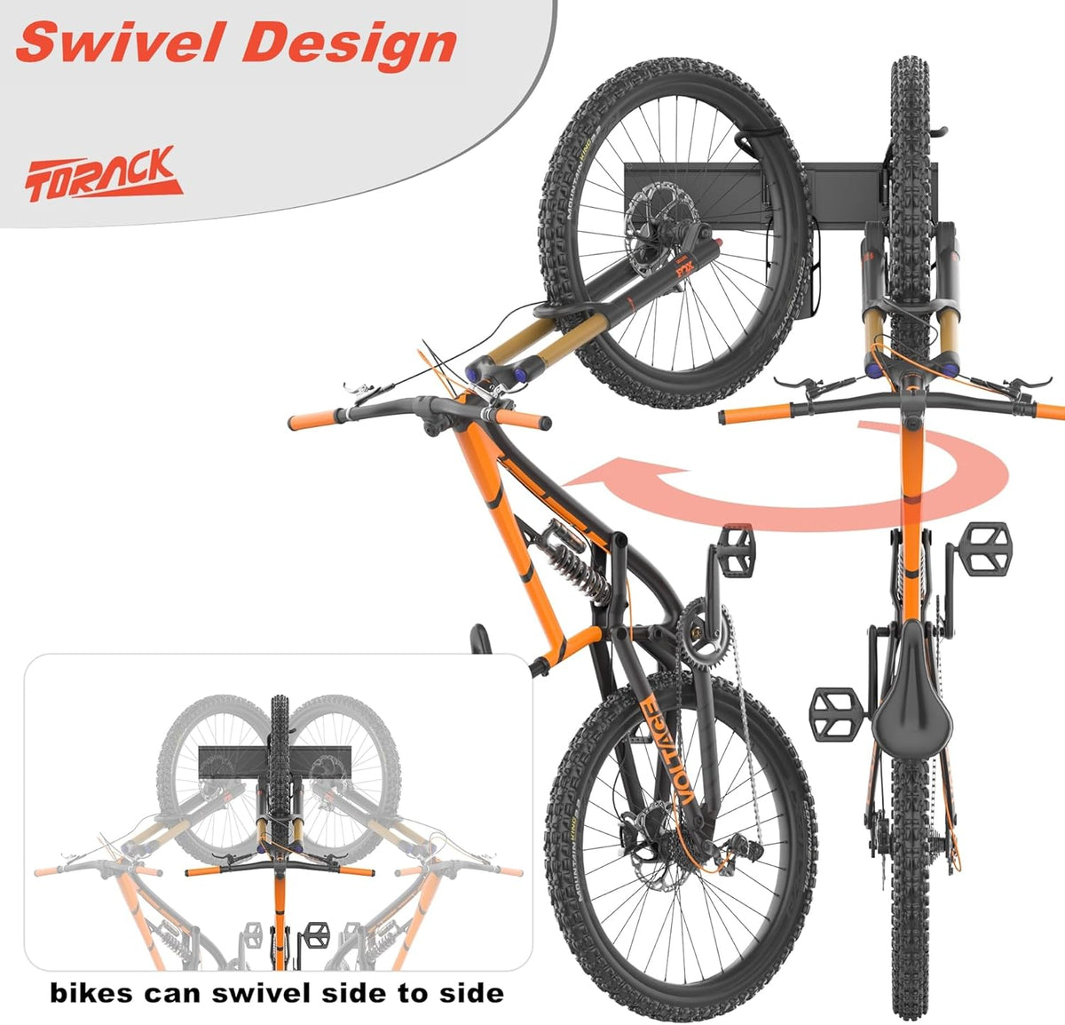 TORACK Wall-Mounted Swivel Bike Rack, Garage Vertical Bike Hangers for 3 Bikes and 3 Helmets Rotating Bike Storage Hooks Holds Up to 300 lbs