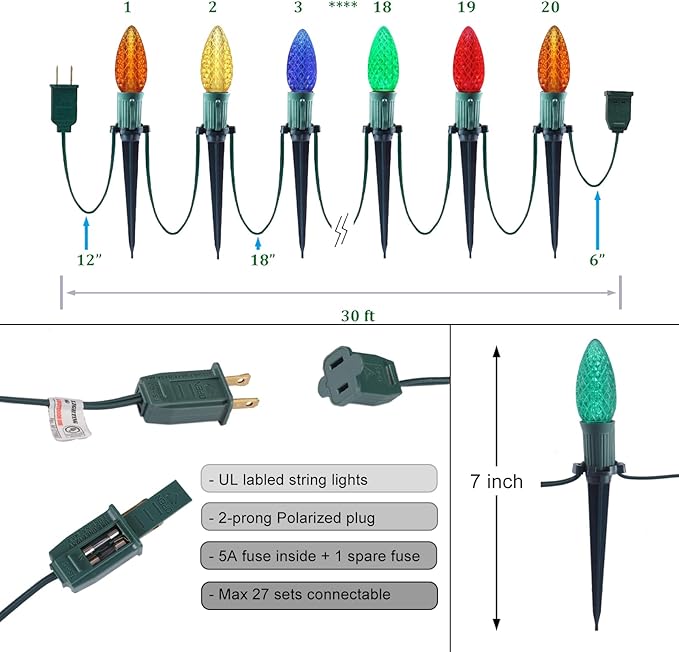 C9 Christmas Pathway Lights with Stakes,Multicolor,2 Pack Total 60 Ft 40 Strawberry LED Bulbs,Connectable Shatterproof Outdoor Lights Marker for Xmas Yard Garden Path Lawn Walkway Sidewalk