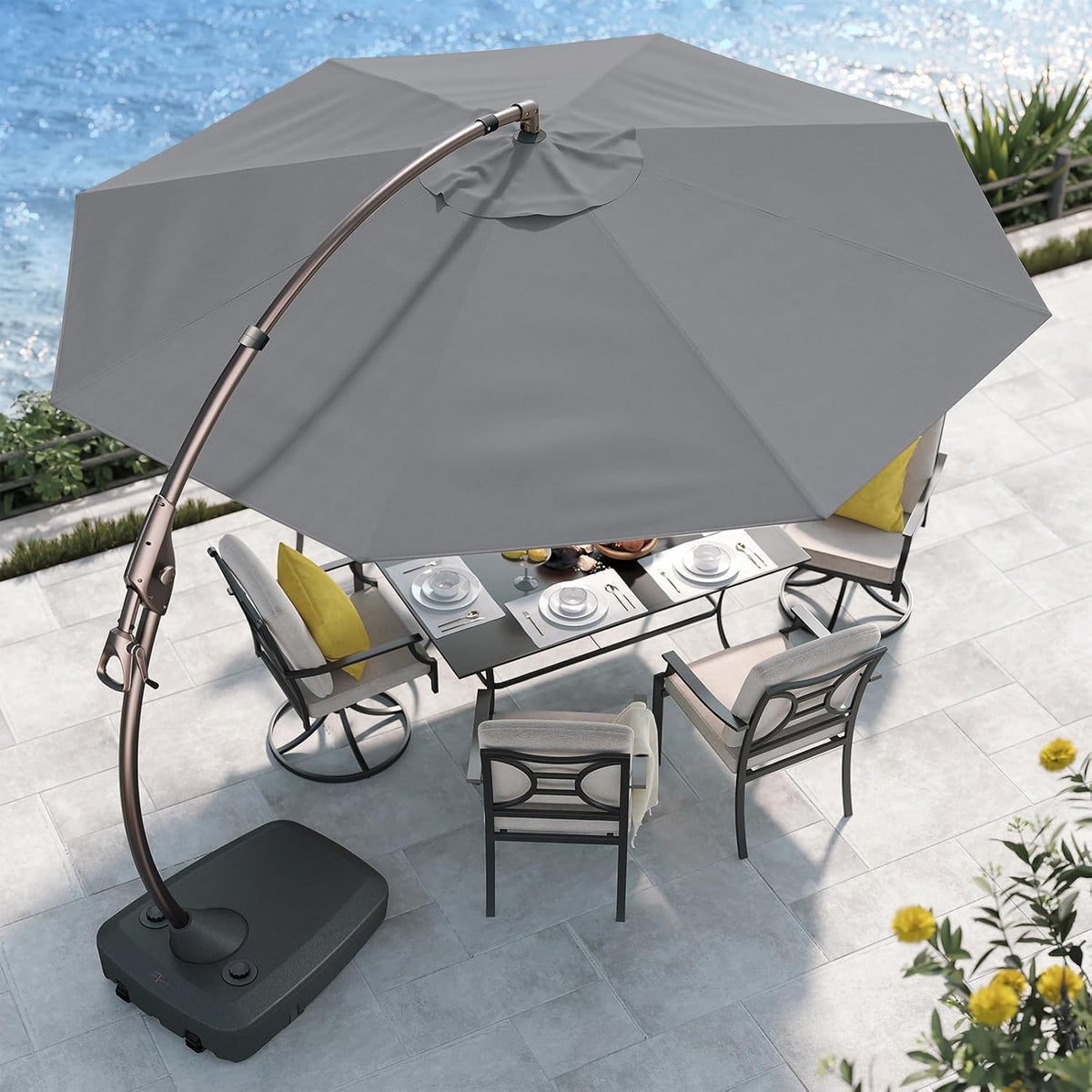 Grand patio 12FT Outdoor Offset Umbrella Large Round Aluminum Cantilever Umbrella with Base for Garden Deck Poolside (Gray, 12 FT)