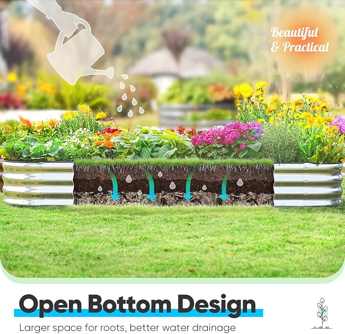 Quictent Galvanized Raised Garden Bed Kit, 8x4x1 ft Oval Metal Planter Box for Vegetables, Rubber Strip Edging Included (Silver)