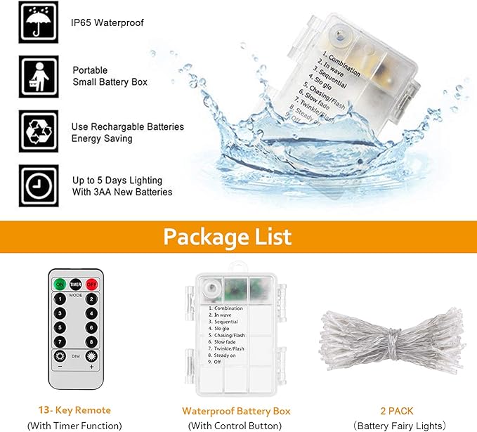 2 Pack 36ft 100 LED Battery Operated String Lights with Remote Timer Waterproof 8 Modes String Lights for Bedroom, Garden, Easter, Party, Christmas Indoor and Outdoor Decorations -Warm White