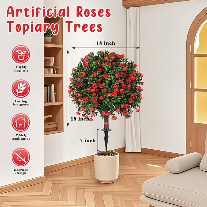 Artificial Boxwood Topiary Tree with Rose, Set of 2 Artificial Shrub Bushes with Ground Spike, Fake Evergreen Tree for Porch, Artificial Plants for Outdoor Planters Indoor UV Resistant