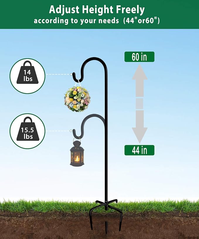 Artibear Adjustable Outdoor Shepherd Hook Stand with 5 Prong Base, 60 Inches Tall 3/5 in Thick, Shiny Black (1 Packs)