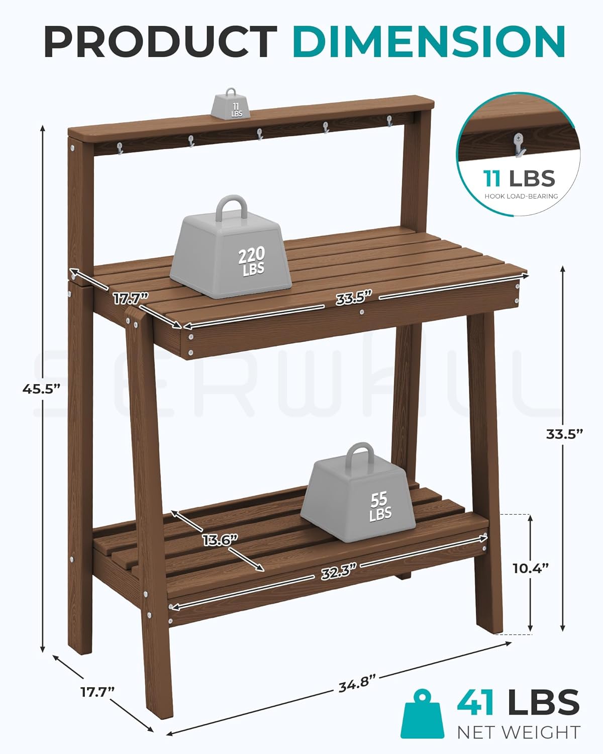 SERWALL Potting Bench Outdoor with Storage, 3-Tier HDPE Gardening Table with Angled Legs & Tool Hooks, All-Weather Heavy Duty Potting Table for Patio, Backyard, Garden, Brown