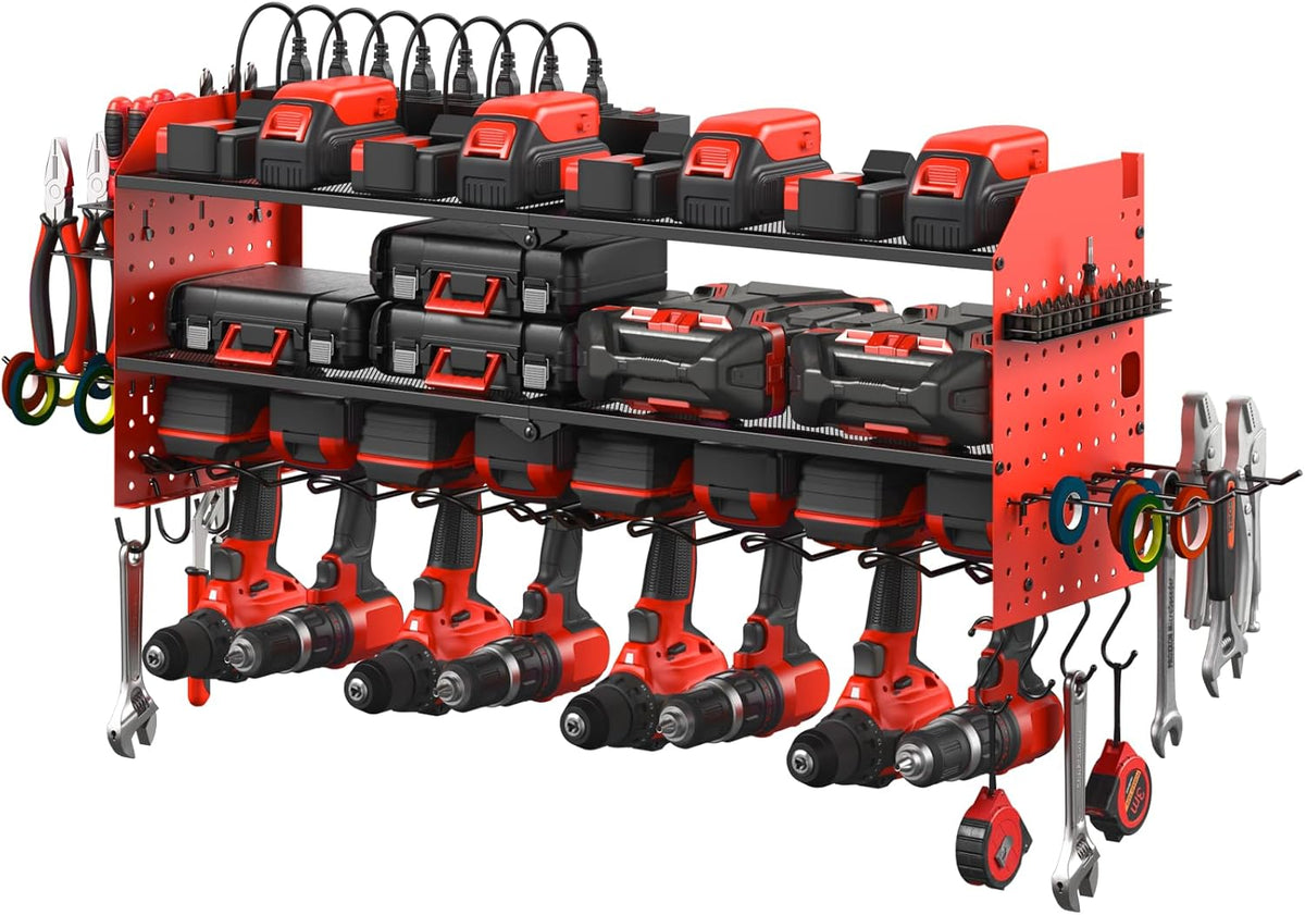 JUNNUJ Large Pegboard Power Tool Organizer with Charging Station, 8 Drills Driver and Tools Battery Holder Wall Mount with 8 Outlet Power Strip, Red 3-Layer Shop Garage Storage Utility Rack