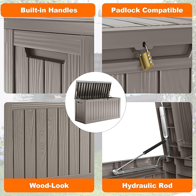 80 Gallon Resin Deck Box, Lockable Patio Outdoor Storage Box for Furniture, Garden Tools and Tools Storage, Waterproof Outside Storage Boxes - Grey