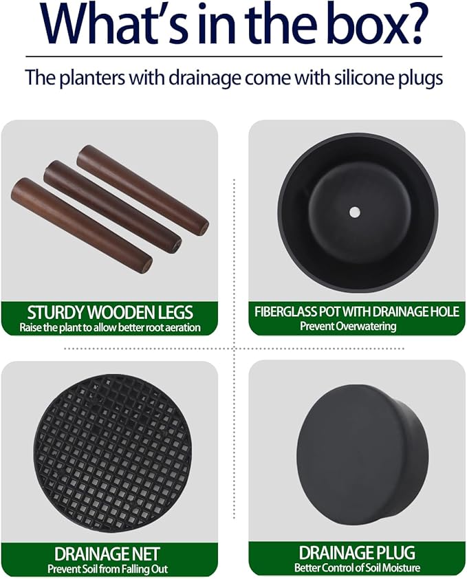 12 Inches Plant Pots with Stand Mid Century Flower Pots with Wood Legs Large Mode Cylinder Planter with Drainage Holes for Indoor Plants,Garden,Decorative-Grey