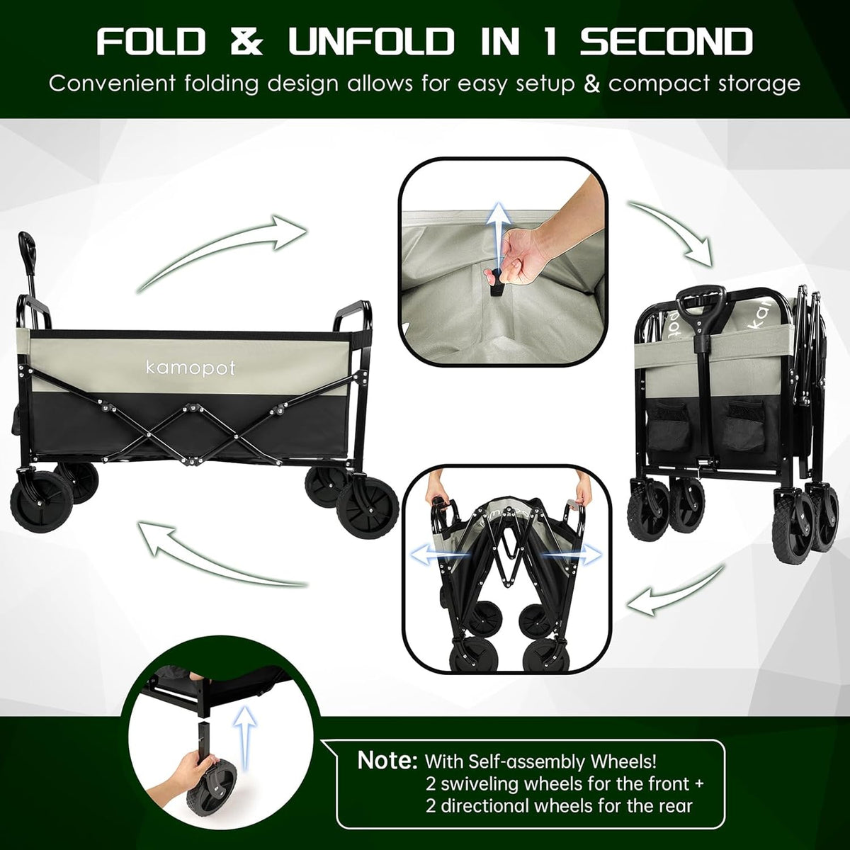 Large Collapsible Wagon Foldable for Grocery, Beach, Park, Yard, 34 x 18 Inch Inner Storage. Folding Utility Shopping Cart on Wheels. Heavy Duty, Durable w/Cupholders (Black-Gray)