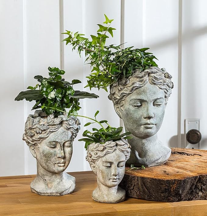 Abbott Collection Goddess Head Planter - Large Cement Indoor and Outdoor Planter Pot - Grecian Woman Statue Head Planter for Flowers and Succulents - Grey (10" H, 4.5" Opening)