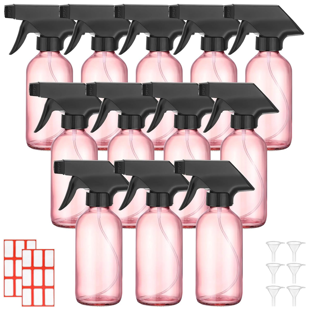 Norme 12 Pcs 8 oz Glass Spray Bottles with Funnels and Labels Refillable Cosmetic Empty Spray Bottles with Sprayer Containers for Essential Oil Cleaning Solutions(Pink,Classic)