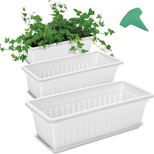 GROWNEER 3 Packs 17 Inches White Flower Window Box Plastic Vegetable Planters Long Pots with 15 Pcs Plant Labels for Outdoor Indoor Windowsill Patio Garden Home Decor Porch