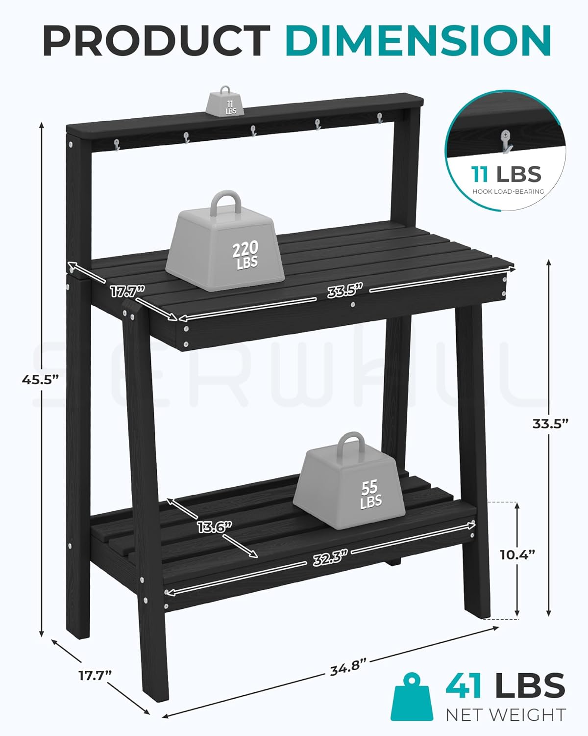 SERWALL Potting Bench Outdoor with Storage Set of 2, 3-Tier HDPE Gardening Table with Angled Legs & Tool Hooks, All-Weather Heavy Duty Potting Table for Patio, Backyard, Garden, Black