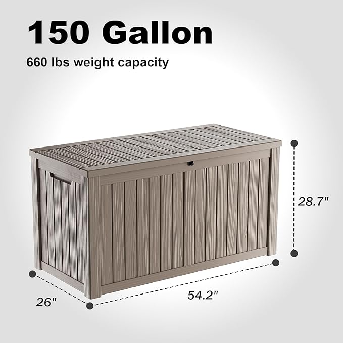 150 Gallon Resin Outdoor Deck Box Waterproof Patio Furniture, Garden Tools, Cushions, Pool Accessories Outside Storage Box (150 Gallon,Grey)