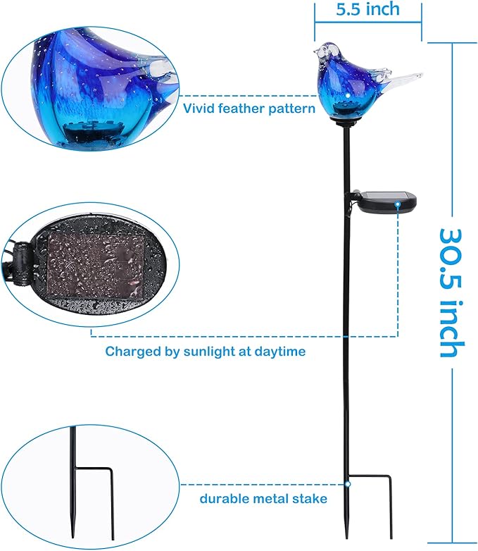Afirst Solar Bluebird Garden Stake Lights - Hand Blown Glass Decorative Garden Pathway Lights Outdoor Waterproof Bird Glass Stakes