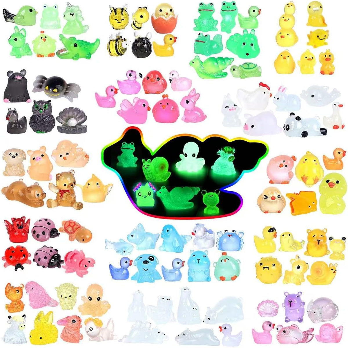 Luminous Mini Resin Animals 100 Pcs Glow in The Dark Resin Animals 100 Styles Miniature Fairy Garden Mini Ducks Figurines Slime Charm for Accessories Landscape Aquarium Potted Decoration