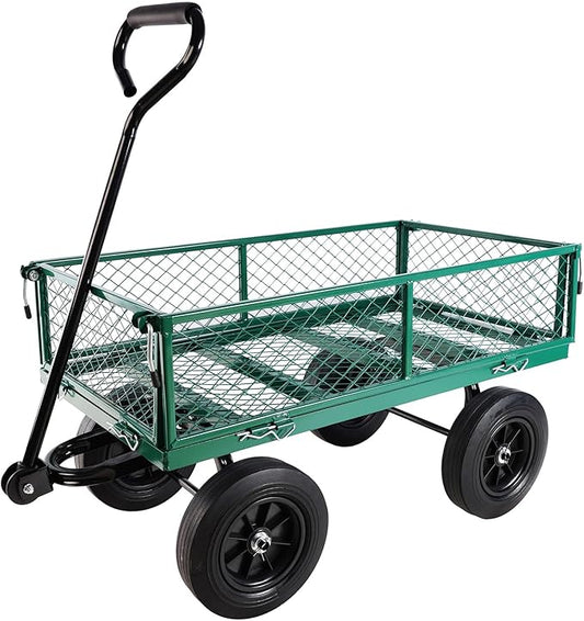 Heavy Duty 480 Lbs Capacity Mesh Steel Garden Cart Folding Utility Wagon with Removable Sides (Green)